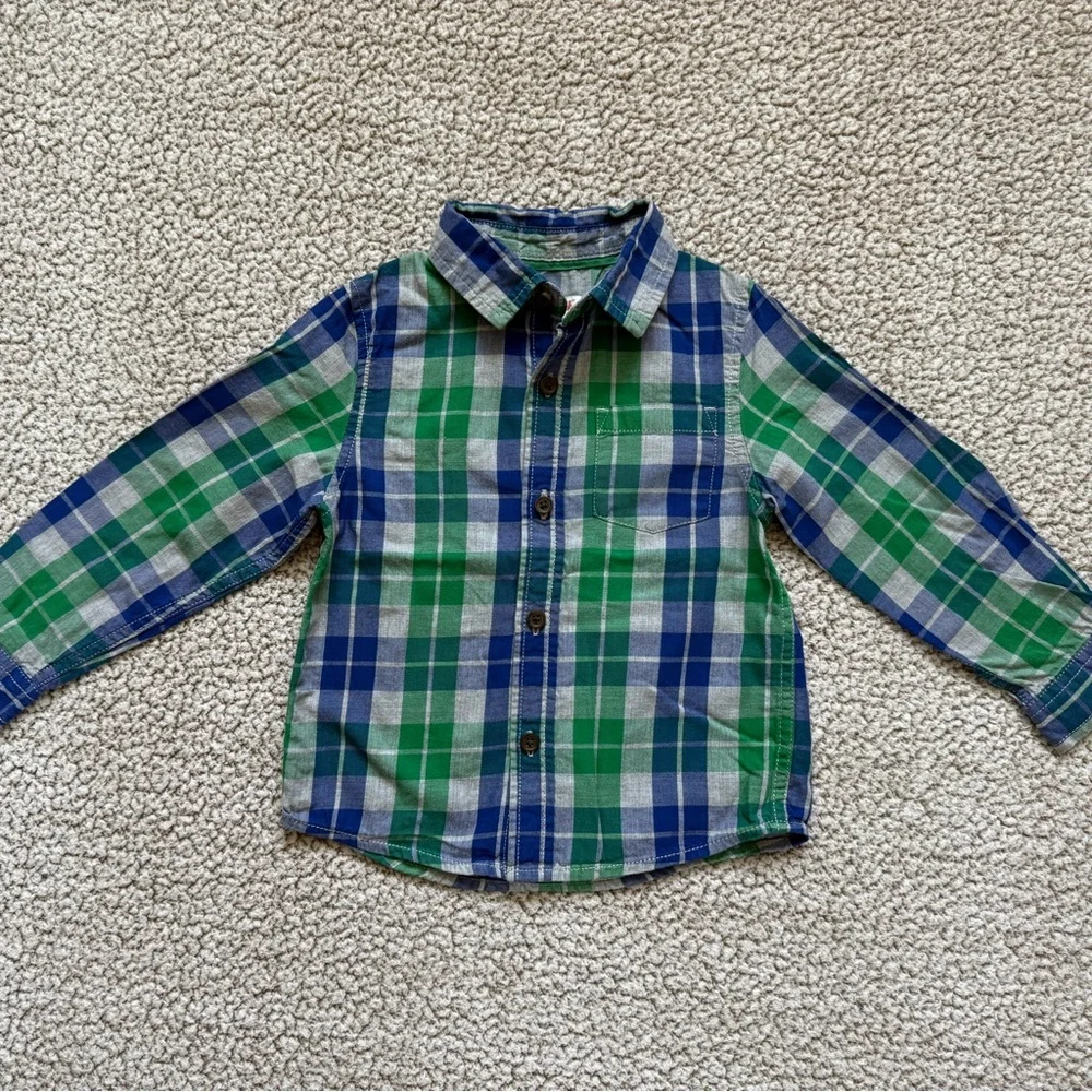 🧸 Adorable Outfit • Blue & Green Plaid Shirt with Blue Corduroys + Grey Sweater